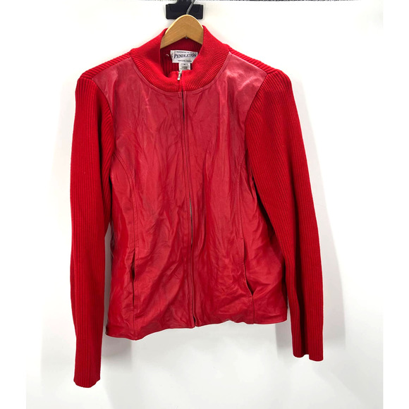 Pendleton Oregon Vintage Wool Leather Sweater Jacket Solid Red Zippered Medium - Picture 1 of 9